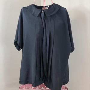 Vintage The Villager Blouse Button Down Short Sleeve Black Pleated Front 22W/42